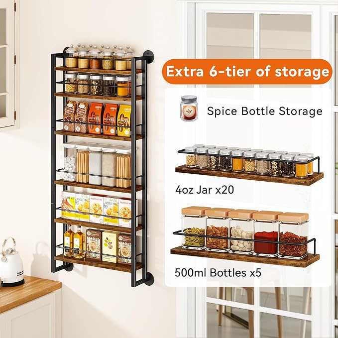 IBUYKE Over the Door Spice Organizer,Door or Wall Mount,Brown TLJ028H | 6 Tier Wall Mounted Spice Rack Adjustable Hanging Storage Shelves Spice Organization for Kitchen cabinet Bathroom Closet