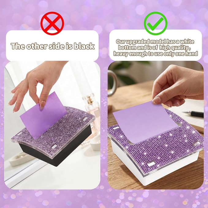 Pop up Post it Notes Dispenser,Rhinestone Self Sticky Note Holder,Sticky Note Dispenser,Post it Note Holder,Cute Purple Desk Accessories for Office Supplies,Office Desk Decor(White Purple)