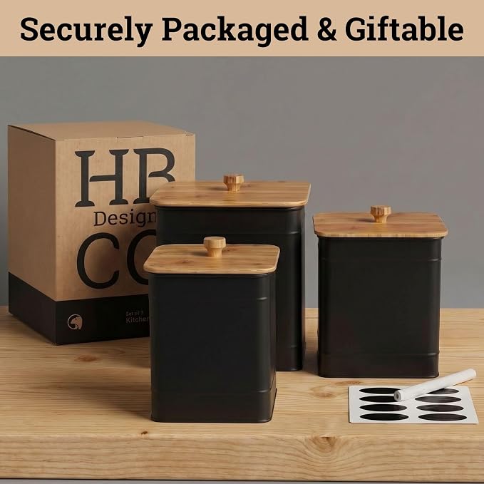 Kitchen Canisters for Countertop Set of 3 w/ Chalkboard Labels & Marker Pen | Airtight Easy Open Bamboo Lids, Dent-Resistant Thick Metal, Customizable Chalkboard Labels, Marker Pen Included, Set of 3