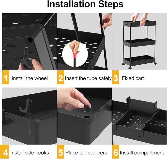 SPACELEAD Slim Storage Cart 3 Tier,Bathroom Organizer Rolling Utility,Mobile Shelving Unit Slide Out for Office, Kitchen, Laundry Room & Narrow Places,Black