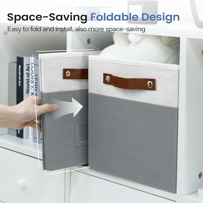 FinishingBo 10.5" x 11" Storage Bins with Labels 6 Pack | PU Leather Handles, Foldable Storage Cubes, Storage Baskets, Closet Storage, White/Dark Grey