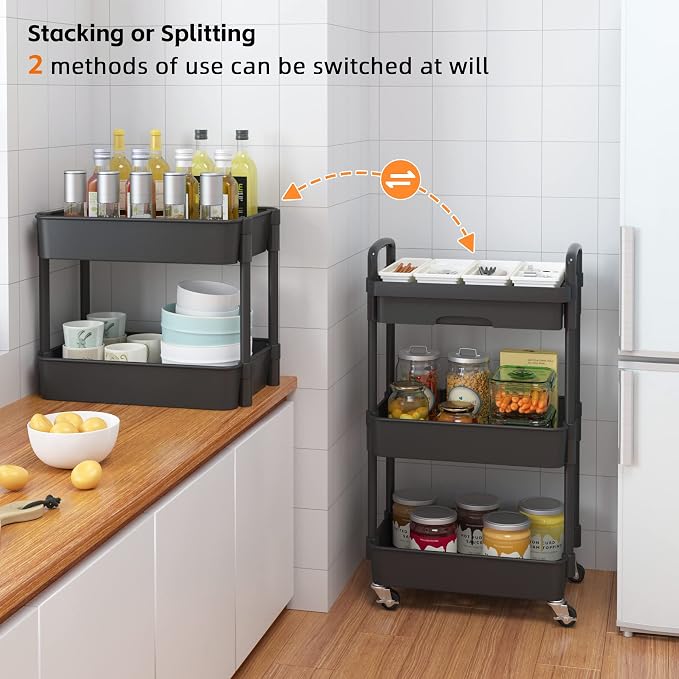 Calmootey 3-Tier Rolling Utility Cart with Drawer,Multifunctional Storage Organizer with Plastic Shelf & Metal Wheels,Storage Cart for Kitchen,Bathroom,Living Room,Office,Black | Space-Saving Organizer, Sturdy Plastic Shelves, Smooth-Rolling Metal Whee...