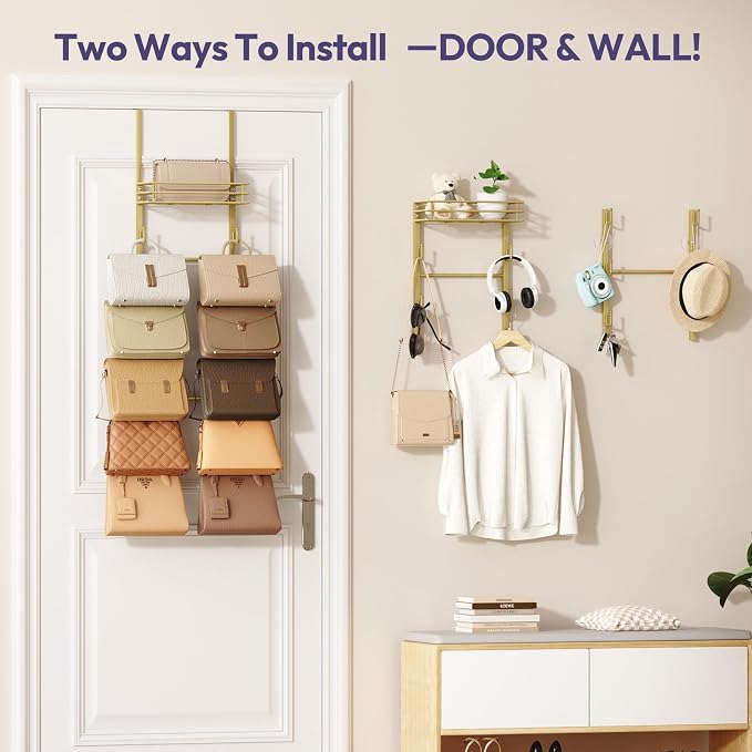 SWTYMIKI Over the Door Purse Organizer - Wall Mounted Handbag Organizer with 10 Hooks and Metal Basket, Hanging Purse Storage Rack Holds up to 10 Bags, Bag Rack Can Use As 1/2 Part, for Door, Closet