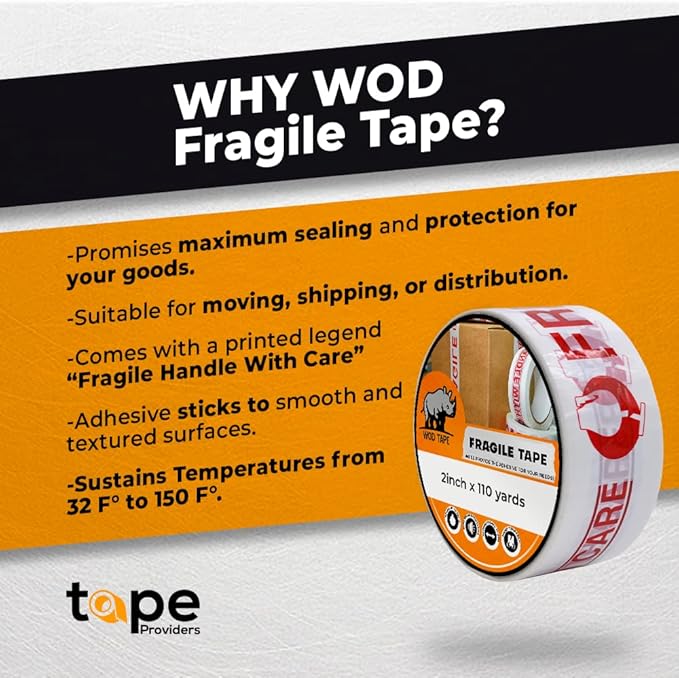 WOD CST2FW Fragile Tape Handle with Care Packing Tape 2 in. x 110 yds. Heavy Duty Carton Sealing Tape Red Lettering for Fragile Cargo and Box Office Moving Shipping