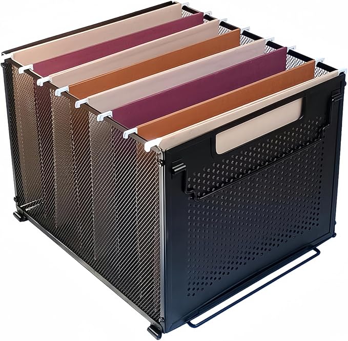 SETTFRFE Metal Hanging File Folder Organizer with Handle,Letter Size,Black | Perforated Metal Plate File Crates for Hanging Folders,Stackable Filing Basket for Office,Classroom & Home