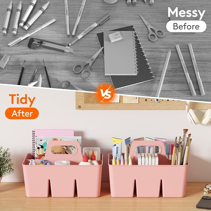 Lifewit 3-Pack Plastic Divided Caddy Organizer with Handle, Portable Art Supply Storage Organizer for Craft Supplies, Cosmetics, Holds Pencil, Crayon, Brushes, Hair Product, Dorm Shower Caddy, Pink