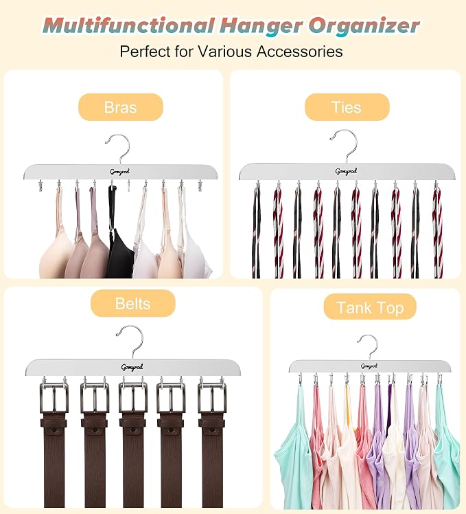 Gomyrod Tank Top Hanger, 2 Pack w/40 Hooks Bra Hanger for Closet Organizer | Premium Wood Space Saving Hanger, 360°Rotating Closet Organizers and Storage, Multi Hook Hanger for Dorm & Apartment, White