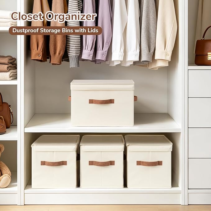 CHICVITA 4-Pack Closet Storage Organizer, Small Storage Bins with Lids, Closet Bins with Handles for Underbed, Ivory