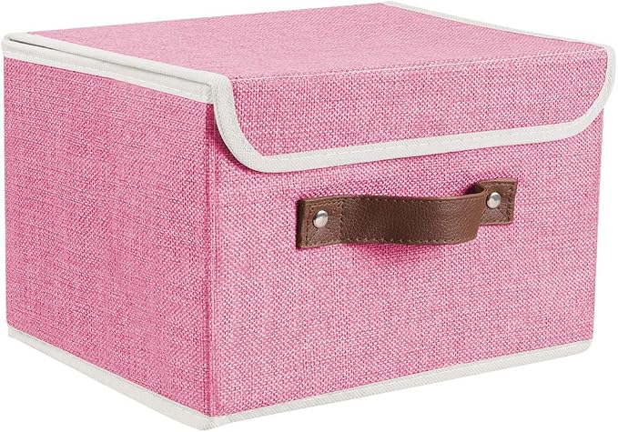 2Pack Storage Bins Boxes with Lids 10" x 8" x 7" Decorative Storage Baskets | Cotton Linen Fabric, Collapsible, Faux Leather Handles, Storage Cubes, Closet Shelf Clothes Organizer Container, Pink