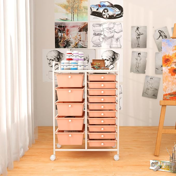 LUARANE Rolling Cart with 15 Drawers, Craft Storage Cart with Portable Handles & Lockable Wheels, Mobile Toys Organizer, Large Capacity Utility Drawer Cart Home Office School Teacher (Peach)