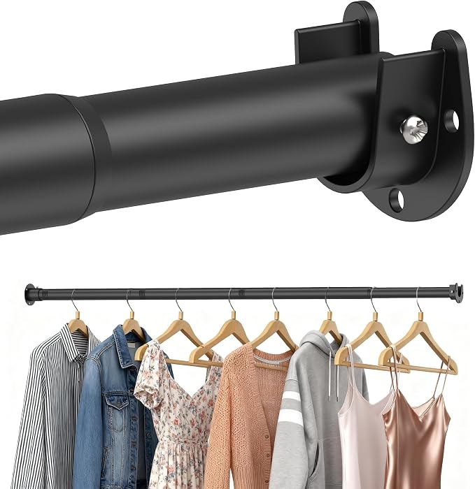Heavy Duty Closet Rod, Adjustable 17-50 in, 1.3" Diameter | Black, Metal, Suitable for Wardrobes, Bathrooms, Laundry Room, RV