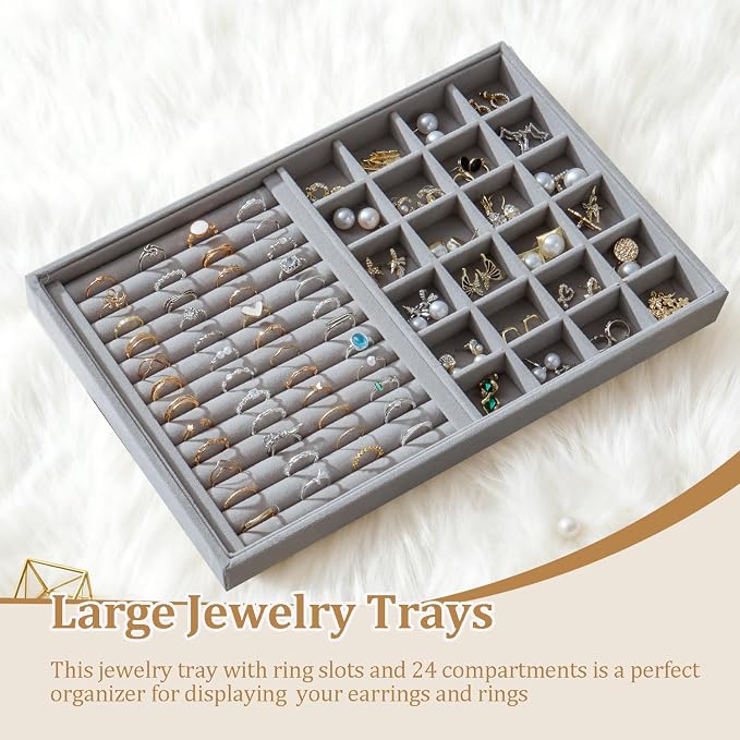 Large Jewelry Organizer for Drawer Insert Velvet Stackable Jewelry Trays for Earring Necklace Bracelet Ring Display (Gray, Ring and 24 Grids)