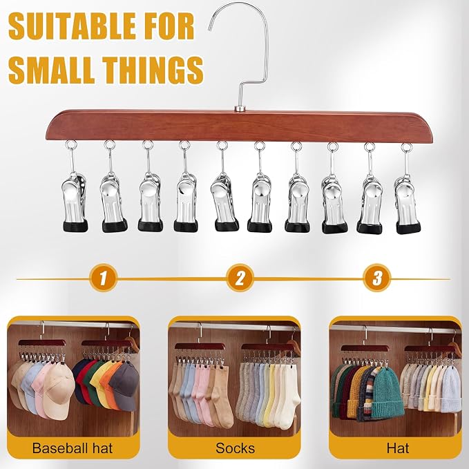 Novabright 4 Pcs Closet Organizer with 10 Clips Wooden Hat Rack for Closet, Space-Saving Hanging Organizer, Multipurpose Storage Display Accessory for Beanies, Ties, and Socks (Brown)