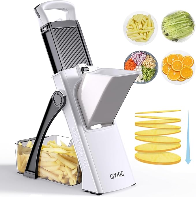 QYKIC Upgrade Safe Mandoline Slicer for Kitchen, Vegetable Chopper and Slicer, Potato Slicer Thickness Adjuster, French Fry Cutter, Veggie Onion Dicer Faster Kitchen Mandolin for Meal Prep