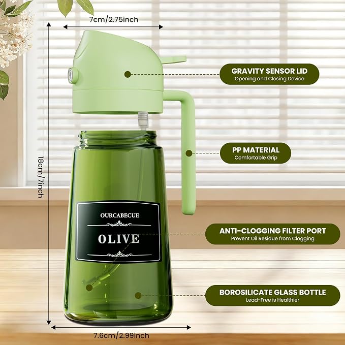 Olive Oil Sprayer & Dispenser Bottle for Cooking 16oz Dark Glass Oil Mister | 2-in-1 Oil Sprayer & Pourer, Fine mist, Light-Blocking, Wide Mouth for Easy Refill & Clean, 8 Oil Labels, Reusable