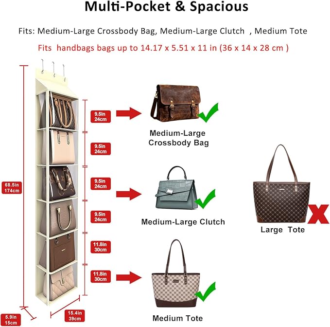 Lirex Over The Door Purse Organizer & Purse Shelf for Closet – Handbag Storage Organizer with Purse Hanger. Perfect for Scarves, Hats, and Leggings. L (15.7'' x 5.7'' x 68''), Cream White