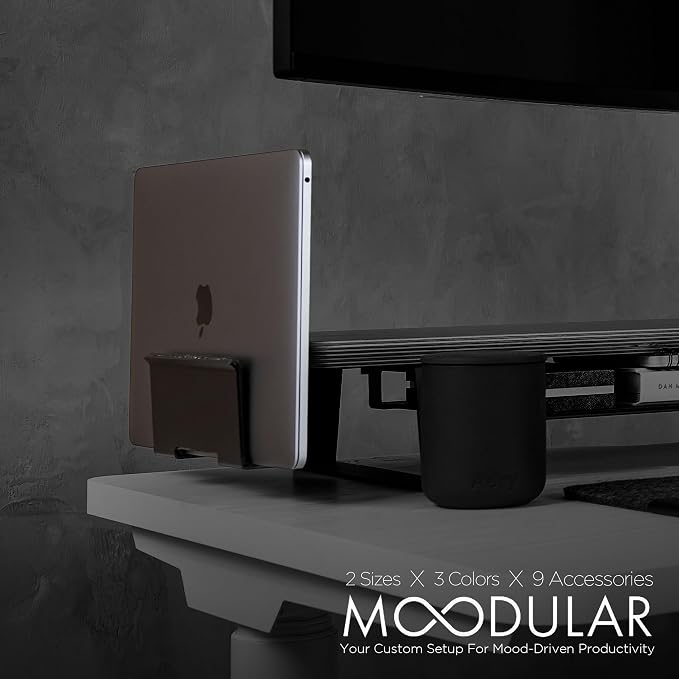 ULTRARM Moodular Vertical Laptop Tray Add-On for Rails, Do Not Use Alone | Accessory Only, Clamshell Mode, Fits Laptops & Tablets Under 0.7", Saves Desk Space, Felt-Lined, Steel, Black, MSA-VLT