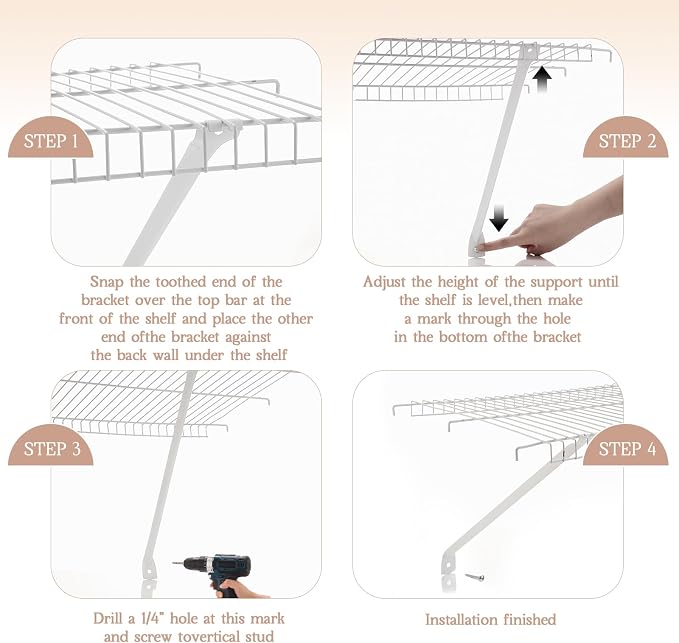 2 Pcs Support Brackets for 12in Wide Shelving Wire Wire Shelf Brackets Closet Rod Bracket Closet Support Bracket with Anchors and Pins for Installation Wires Shelving Supports Closets
