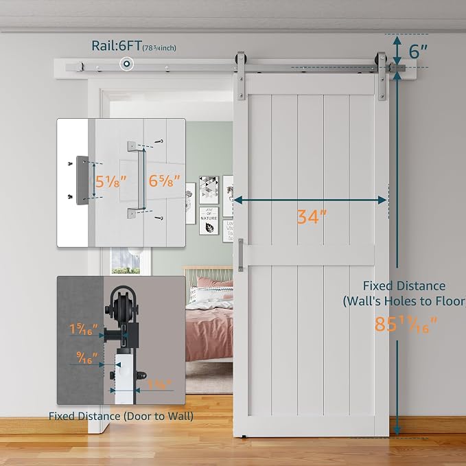 34''x84'' Sliding Barn Door with 6 Ft Brushed Nickel Hardware Kit | Pre-Drilled Holes Easy Assembly - Include Installation Manual, Water-Proof PVC Surface, H-Frame, White