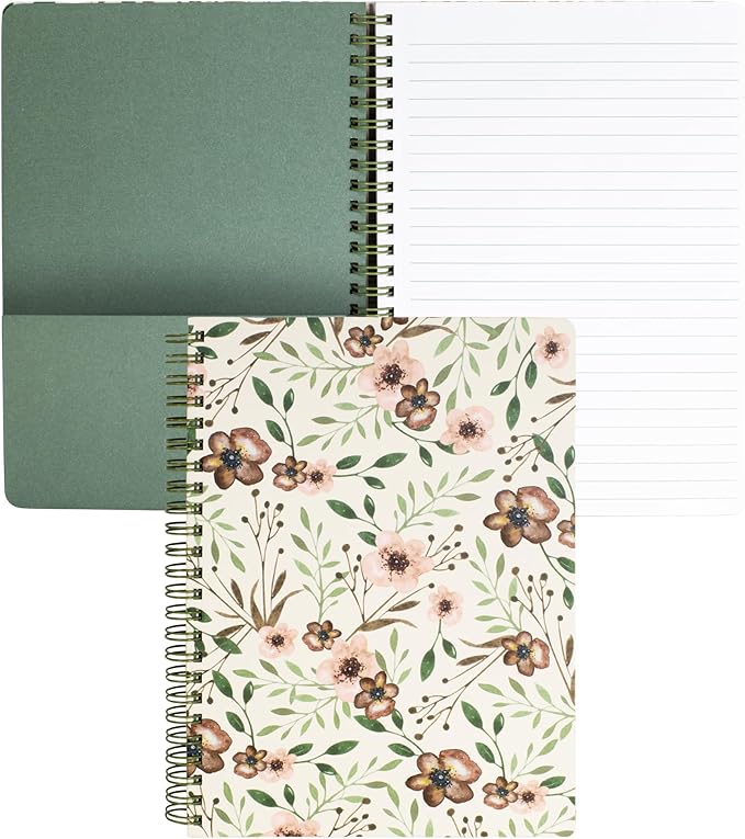 Steel Mill & Co Cute Green Mini Spiral Notebook, 8.25" x 6.25" Journal with Durable Hardcover and 160 Lined Pages, Woodland Floral