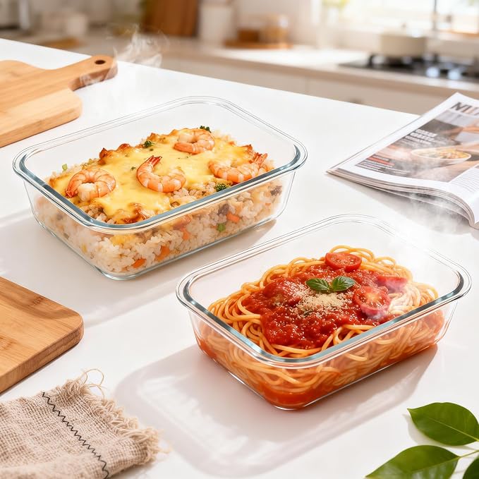2 Pack 78oz/9.8 CUPS Large Glass Storage Containers with Lids, Meal Prep Food Container Set, Airtight Leakproof Snap Lids, For family meal prep, Baking, Microwave Oven Freezer Dishwasher Safe