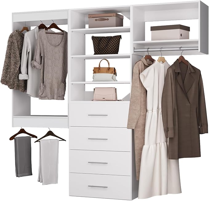 ROOMTEC Modular Closet System, 102" Wall Mounted Closet Organizer with Hanging Rods and Drawers, Modern Wooden Tower for Walk-In Closets, Wardrobe Storage Kit, White