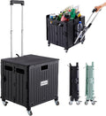 SUBICOO Folding Utility Cart Portable Rolling Crate Handcart Shopping Trolley Collapsible Tool Box, with Lid, on 4 Rotate Wheels, for Grocery, Shopping, Office, Teacher, Camp(Black)
