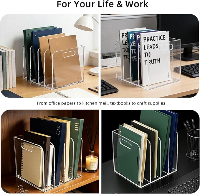 Acrylic Magazine File Holder, 4 Vertical Compartments Desk Document Sorter Organizer, Clear Folder Rack Binder for Office/Documents/Classroom, for Home, Tablet, Magazines, Books & Accessories