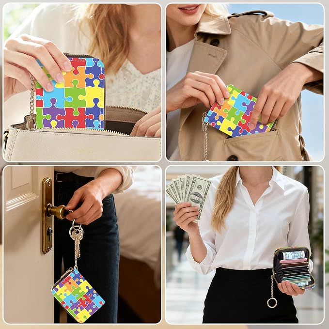 Credit Card Holder for Women,Small Rfid Wallet with Keychain Zipper,Cute PU Leather Card Case Wallet，Accordion Credit Card Wallets Gift,Puzzle C
