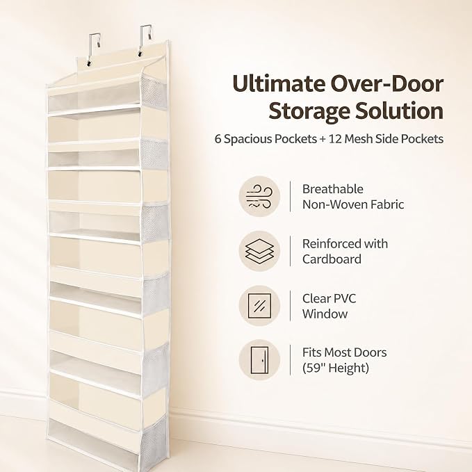 Over The Door Storage Organizer - Hanging Storage Organizer for Pantry Bedroom of Door Organizer 6 Large Pockets 12 Side mesh Pockets and 6 Bottom Panels Beige