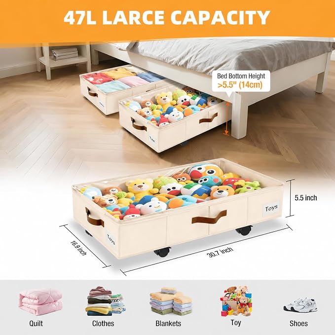 Under Bed Storage with Wheels,Underbed Storage with Sturdy Sidewalls/Bottom, Clear Cover, Label and PU Handle, Rolling Under Bed Drawers for Clothes, Shoes, 6.5 Inch Height,Beige, 2 Pack