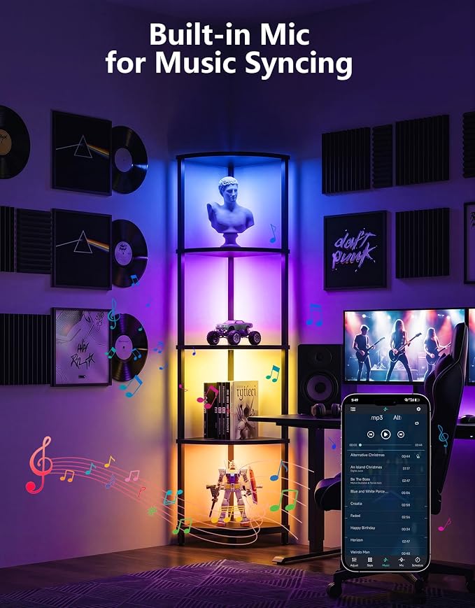 PARTPHONER Corner Shelf with LED Light, 5 Tier Smart Color Changing Floor Lamp with Remote, 62" Display Shelf Bookshelf Narrow Storage Rack Standing Lamp for Living Room Bedroom Home Office Décor