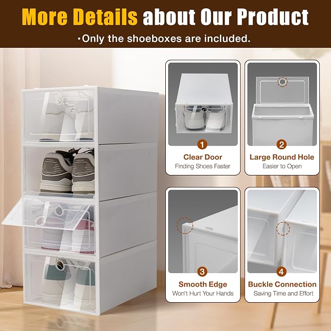 24 PCS Shoe Boxes, Premium Clear Plastic Stackable, 13 x 9.1 x 5.5 Inch Shoe Organizer for Bedroom, Living Room