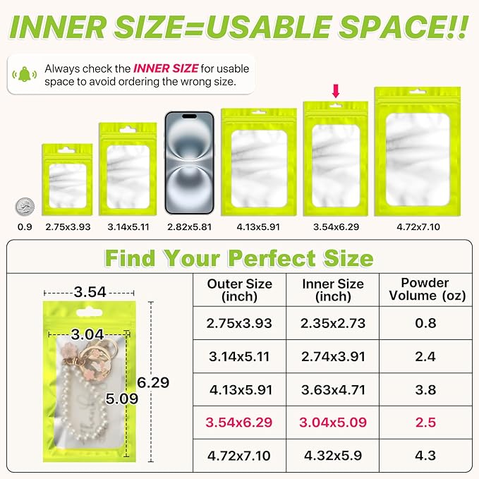 100 PCS Resealable Mylar Bags with Zipper and Frosted Clear Window Smell Proof Packaging Bags Foil Pouch Zipper Bag for Food Self Sealing Storage Supplies (Green, 3.54x6.29)