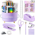 suniya Office Supplies,Desk Accessories,with Stapler,Tape Dispenser,Staple Remover,Scissor,Ballpoint Pen,Sticky Notes,Clear Tape,Staples,Desk Organizer,Ruler,Binder,Best Gift Set(Purple)