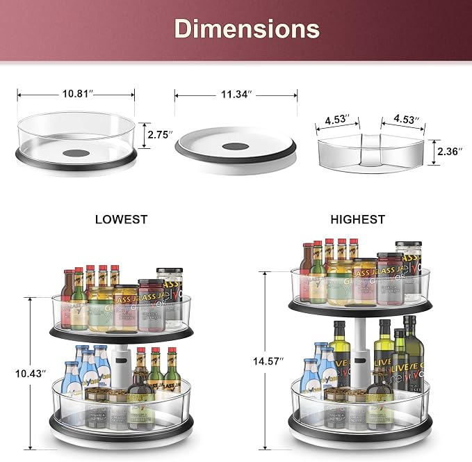 Ynelyase Lazy Susan Medicine Bottle Organizer for Cabinet 2 Tier Clear | 11 Inch Large Turntable for Bathroom Countertop and Pantry