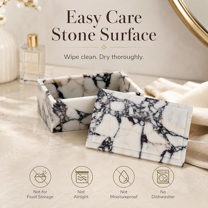 Natural Marble Rectangle Jewelry Box with Lid, 7.87 in | A rectangle marble box for watches, jewelry, slim glasses, hair ties, and dresser-top organization.