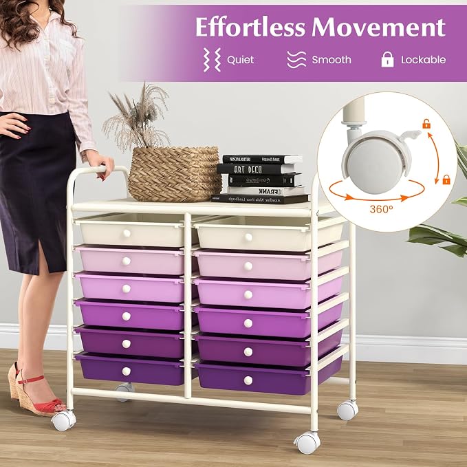 LDAILY 12 Drawer Rolling Storage Cart, Craft Cart Organizer on Wheels w/Metal Frame, Large Capacity & Smooth Drawer, Rolling Cart w/Drawers for Classroom, Office