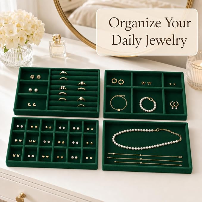4 Pack Stackable Jewelry Organizer Tray Set - Velvet Display Case | for Rings Earrings Necklaces, for Drawer Organization, Can Stacked
