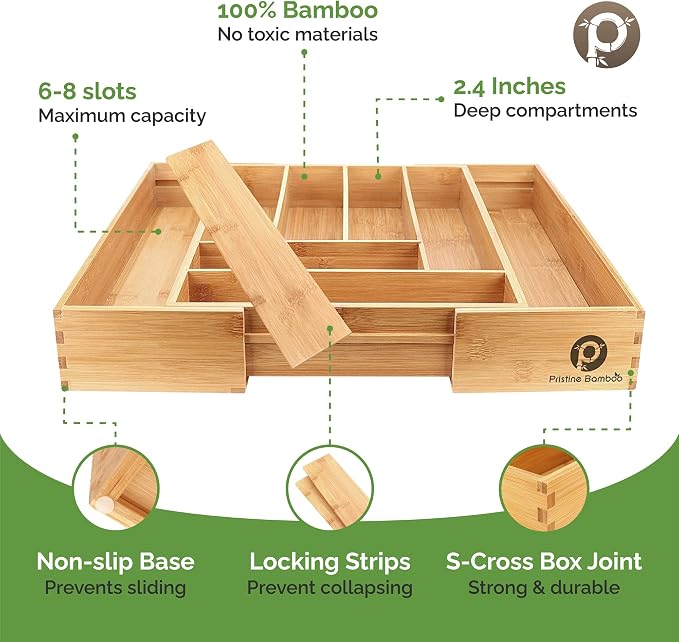 Pristine Bamboo Silverware Tray for Drawer Organizer,Kitchen Drawer Organizer,Cutlery Organizer in Drawer, Flatware Silverware Holder, Expandable Adjustable Wooden Dividers (8-slots)
