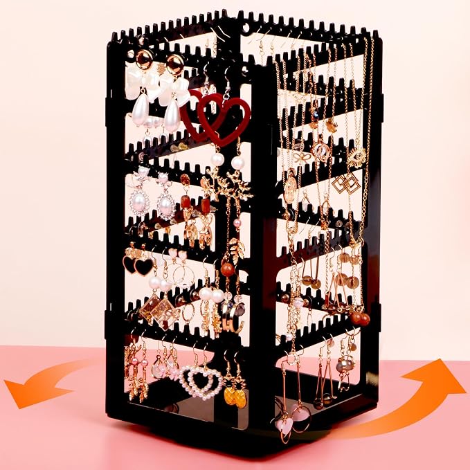 360° Rotating Jewelry Organizer Stand with 5 Layers,Acrylic Earring Holder Organizer Stand,212 Holes and 212 Grooves for Studs,Dangly Earrings,Chains,Bracelets,Necklace
