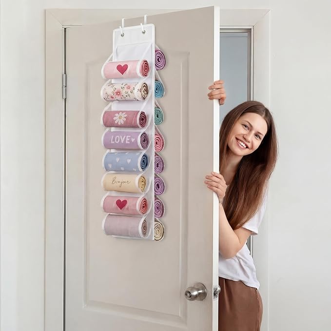 Over The Door Hoodie Organizer, Double Sided Holds 16 T-Shirts, White Hanging Storage with 2 Hooks and Rope for Door Closet Cabinet Use, Ideal for Dorm Rooms Bedroom (White)