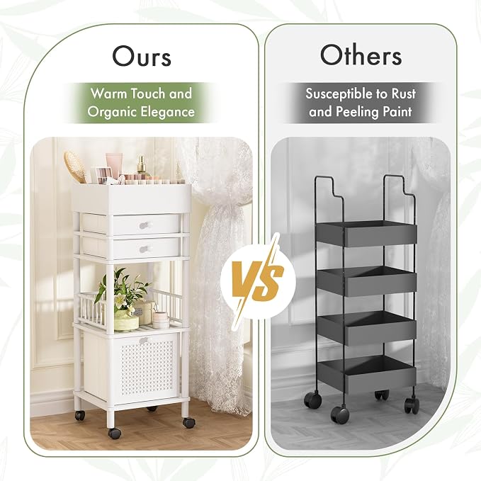 Amazer Bamboo Makeup Organizer Cart with 3 Drawers, Floor Skin Care Storage for Bathroom Bedroom, Rolling Vanity Organizer Cart for Cosmetic, Nail Polish, Perfume and Hair Tools, White