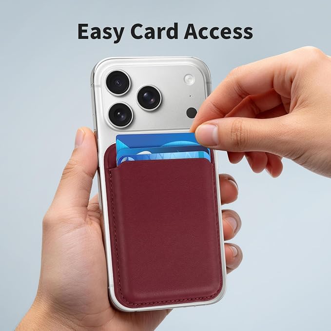 Magnetic Wallet Phone Card Holder for Phone Case with Mag-Safe, Stronger Magnetic RFID Leather Phone Wallet Stick on Series of iPhone 17/16/15/14/13/12 and Pro/Promax, Burgundy