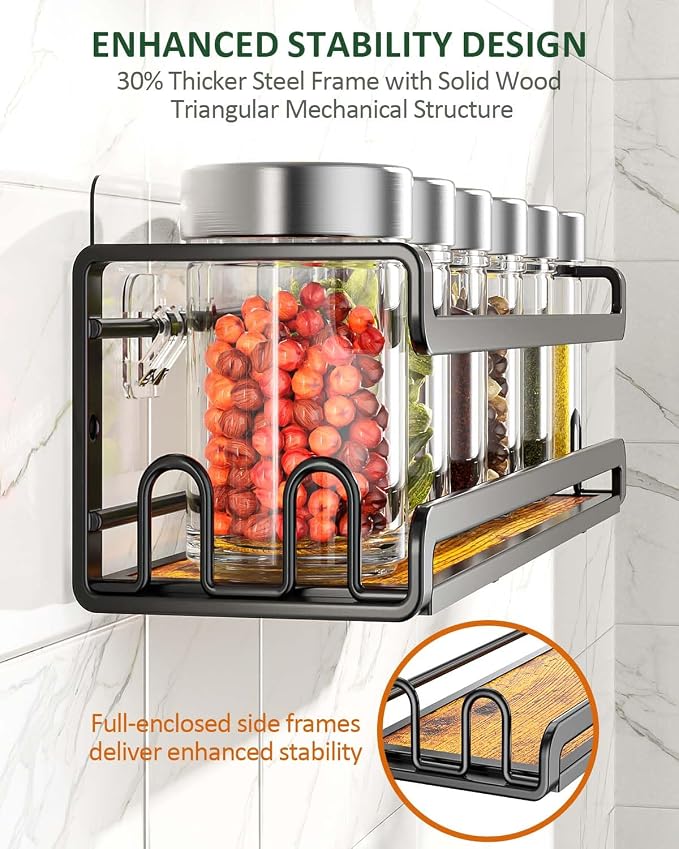 Doakhirmit Wall Mounted Spice Rack,Wooden Spice Holder Black,6 Pack | 24 Hooks,Screw or Adhesive Installation , Hanging Organizer for Stove Cabinet Pantry Door Kitchen and RV Use