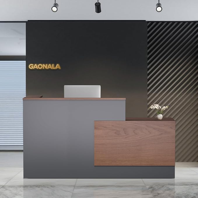 L-Shaped Large Wooden Reception Desk, Modern Front Desk Reception Counter with Lockable Drawers, Storage & Keyboard Tray for Office Lobby Checkout (Right-Brown + Black, 71''L x 34''W x 41''H)