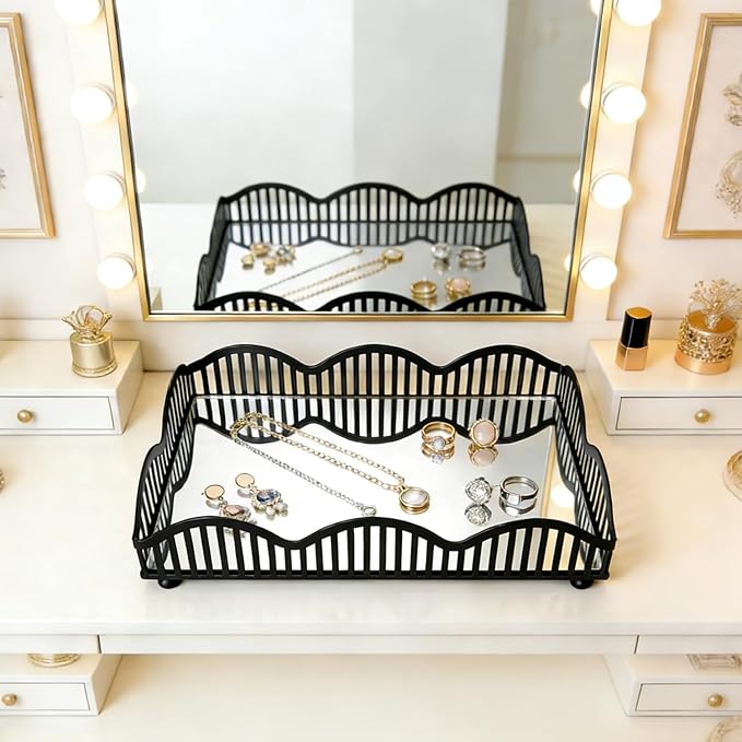Black Metal Decorative Tray with Mirror Base - Square Multi-Purpose Tray for Bathroom, Living Room, Hallway and Kitchen (8.4”X5.8”X2”)
