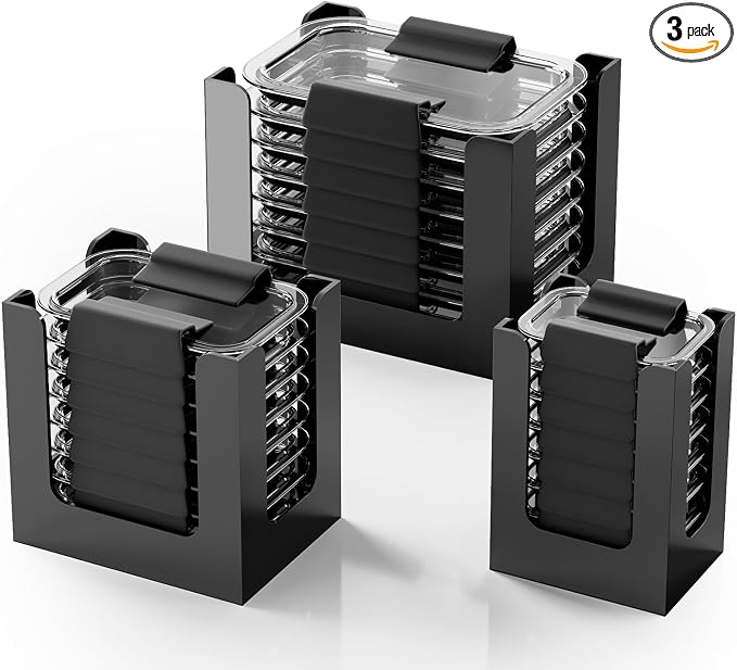 Acrylic Lid Organizer for Rubbermaid Brilliance Storage Containers,3-Piece | Acrylic Cabinet Lid Holder, Fits & Stores 24 Lids Total for 4.7-cup, 3.2-cup, and 1.3-cup Containers (Black)