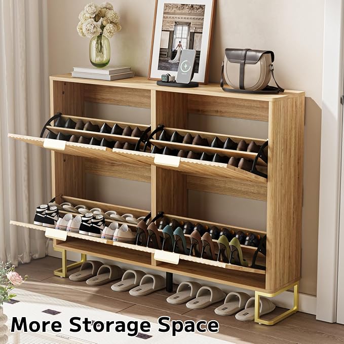 Fluted Shoe Cabinet Storage with 4 Flip Drawers, Wood Narrow Hidden Shoe Cabinet with Metal Legs & Adjustable 2 Tier Shelf for Entryway, Freestanding Slim Shoe Rack Organizer for Hallway Living Room