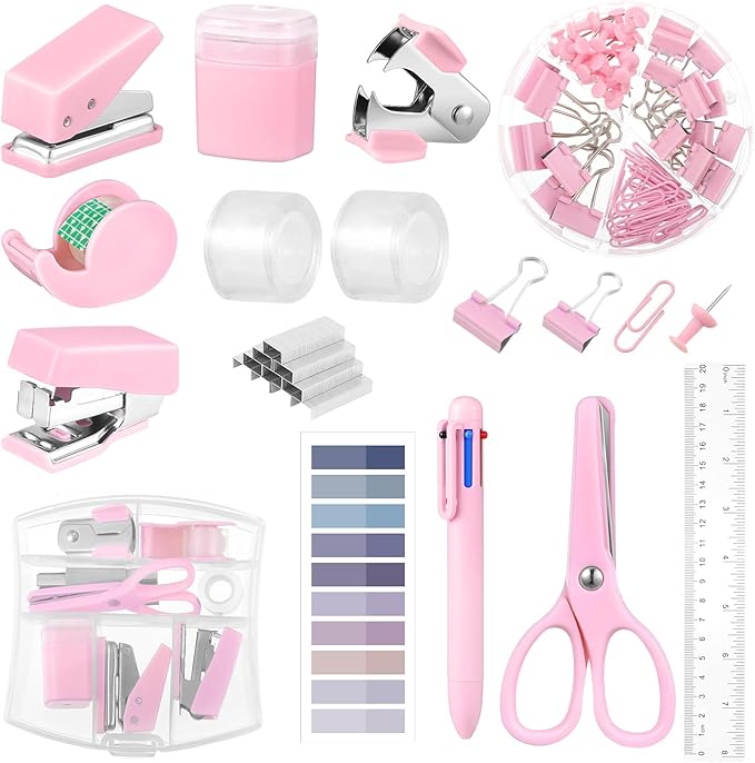 Mini Office Supplies, Purple School Supplies with Sticky Notes,Mini Stapler,Tape Dispenser,Hole Punch,Staple Remover,Staples,Clips,Scissor,Pen (Pink)